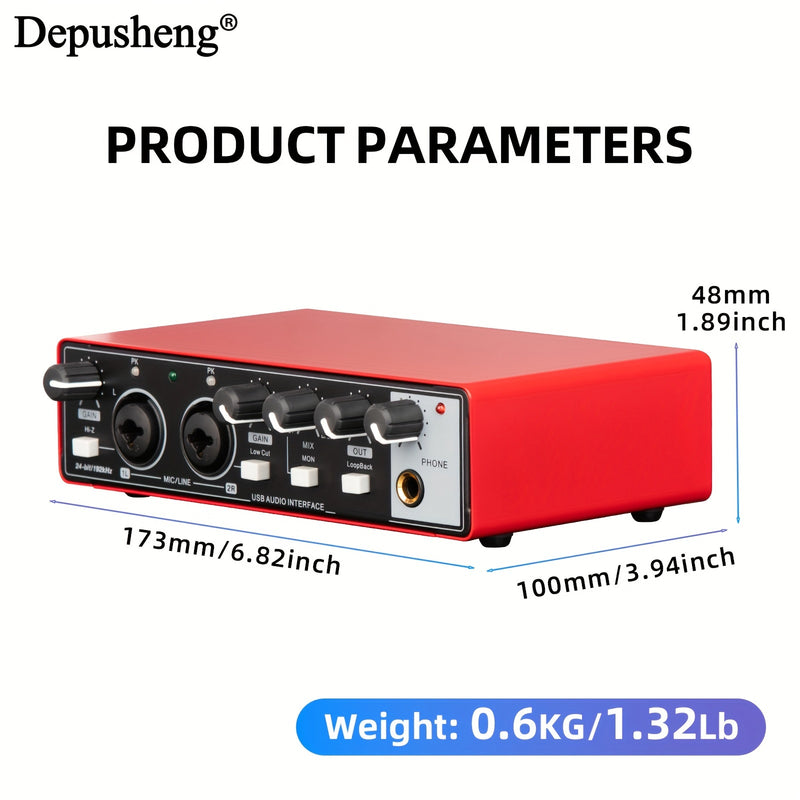 Interfaz de Audio USB DEPUSHENG de Ultra-Baja Latencia - 24Bit/96kHz, XLR con Alimentación Fantasma, Plug & Play para Grabación, Streaming y Podcasting - Rojo