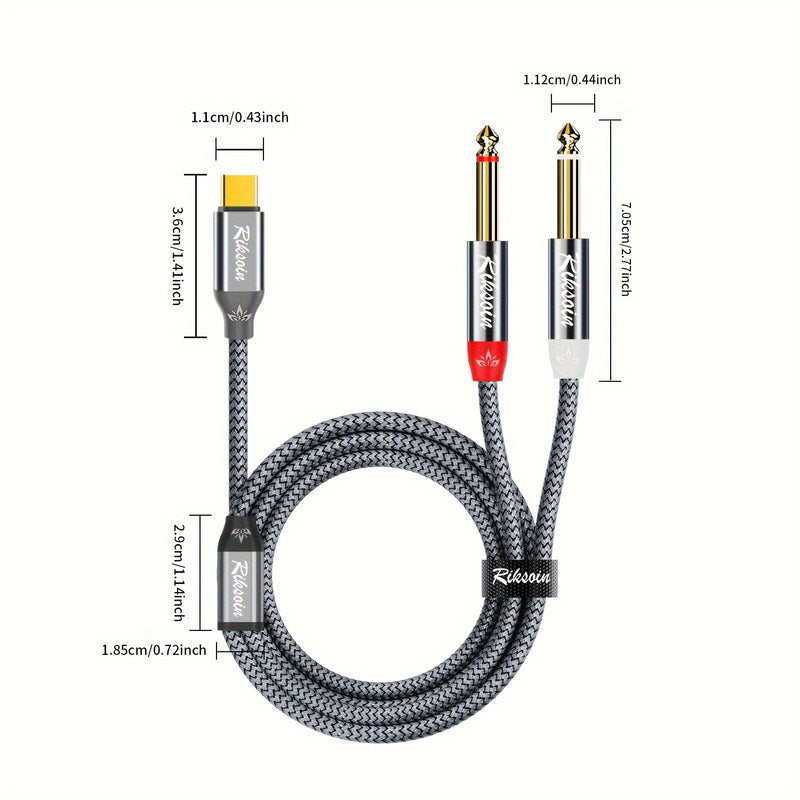 RIKSOIN Cable Y-Splitter de Audio Estéreo Trenzado de Alta Fidelidad USB-C a Dual 6.35mm TS, Conectores Chapados en Oro - Ideal para Amplificadores, Consolas de Mezcla, Altavoces, Smartphones y Portátiles