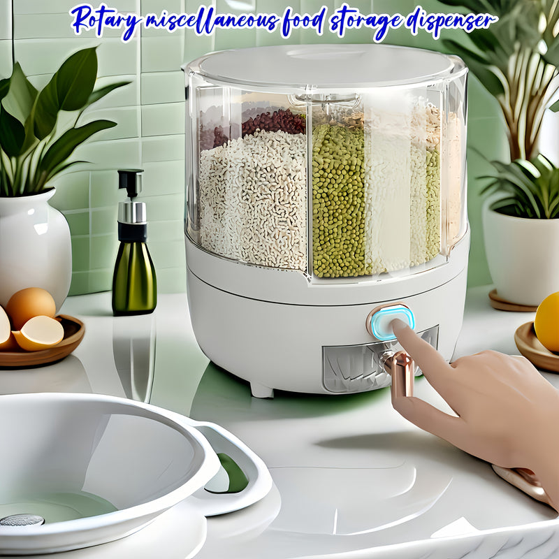 Balde de Arroz (Capacidad 4.54-6.8 KG), Dispensador de Almacenamiento de Granos, Caja para Granos Secos Giratoria 360°, 6 Compartimentos de Fácil Acceso para Granos Pequeños y Legumbres en la Cocina, ¡Caja de Almacenamiento de Arroz con Salida a Un Toque!