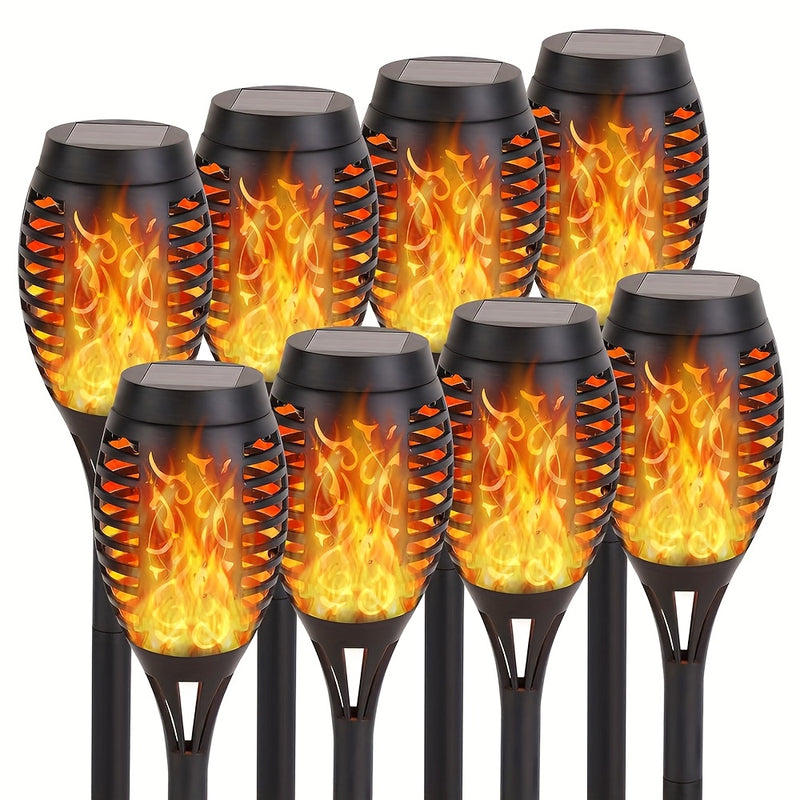 8 luces antorchas solares con efecto de llama parpadeante - Lámparas decorativas de llama simulada cálida para jardín, césped, camping y iluminación ambiental exterior, antorcha para jardín | Efecto de llama parpadeante | Cuerpo de plástico duradero, luc