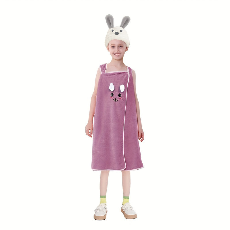 Lindo conjunto de falda de baño de oído de conejo de dibujos animados, incluyendo 1 gorra de pelo seco y 1 falda de baño, toalla de baño de niños de secado rápido suave, adecuada para niños con una altura de 80-120 cm