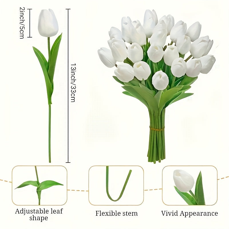 10 piezas de tulipanes artificiales blancos elegantes - Tallos de PU con textura real, ideales para el Día de San Valentín, coronas de primavera, ramos de boda, decoración del hogar y oficina, adornos florales, perfectos para Navidad