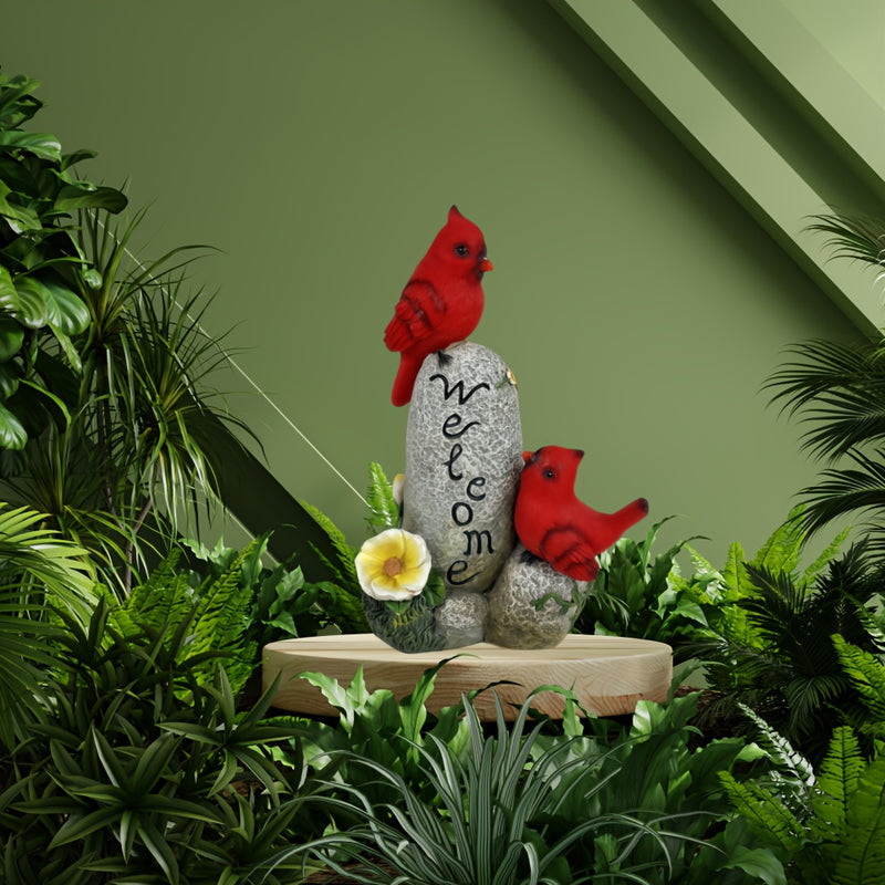 Estatua de pájaro rojo alimentada por energía solar - Decoración de jardín al aire libre con letrero "BIENVENIDO", adorno de césped iluminado, ideal para regalos de Día de la Madre y Día del Padre, escultura de resina eficiente en energía, acento festivo