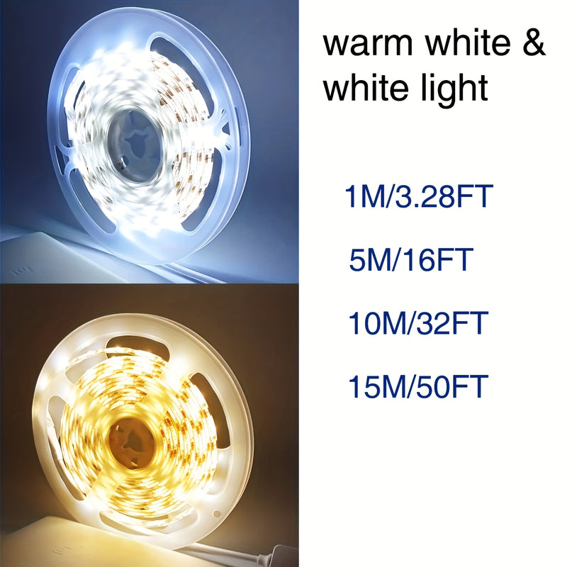 Tira de luces LED regulable de 4.88 a 15.24 metros, alimentación por USB con control de botón, blanco cálido/frío, fácil instalación para decoración de dormitorio, armario o cocina, luces LED para habitación