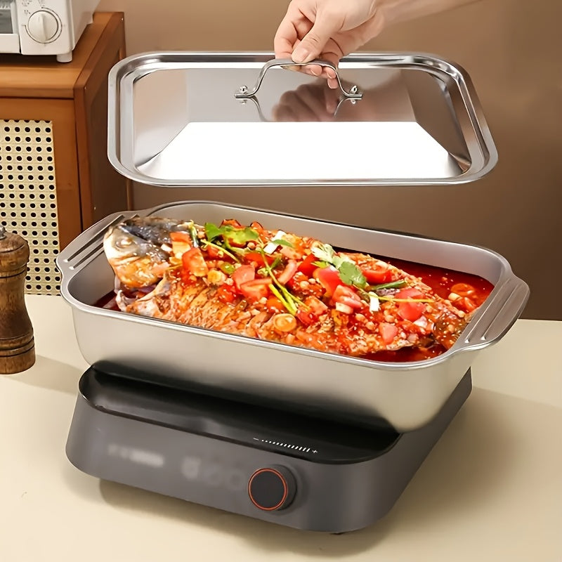 Juego de bandejas de asado de acero inoxidable con tapas, bandeja de asado rectangular de alta resistencia antiadherente, bandeja de horno multiusos para postres, pan, bandeja de asado de doble asa, bandeja de mariscos - Ideal para asados, bufés y fiesta
