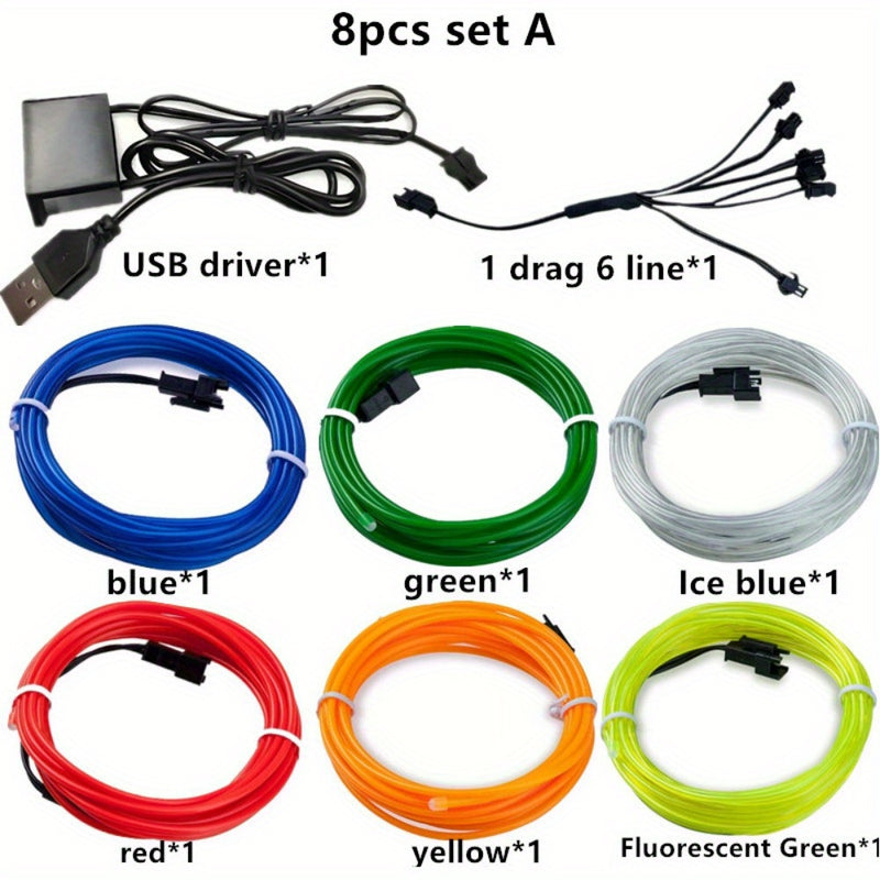 8 piezas de juego combinado EL Luminous Wire, 1 metro de largo EL luz fría de alambre fluorescente, luz decorativa de ambiente DIY, luces de escena de baile fluorescente