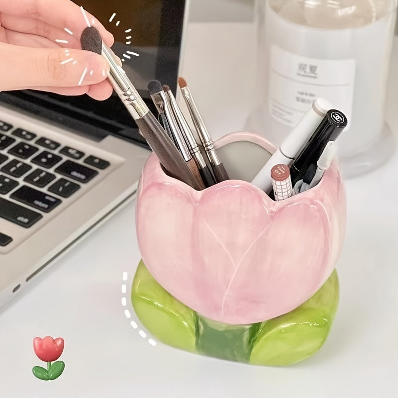 Soporte de cepillo de maquillaje floral, taza de lápiz de escritorio, accesorio de almacenamiento decorativo para oficina y dormitorio, no necesita electricidad, regalo único para Halloween y Navidad (1 pieza)