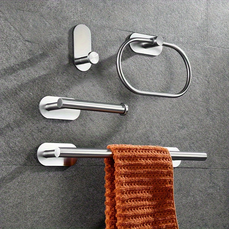 Juego de 4 piezas de accesorios para baño de acero inoxidable, portarrollos de papel higiénico y toallero montados en la pared, resistentes al óxido, sin necesidad de taladrar, fácil instalación, diseño moderno y elegante para baños contemporáneos