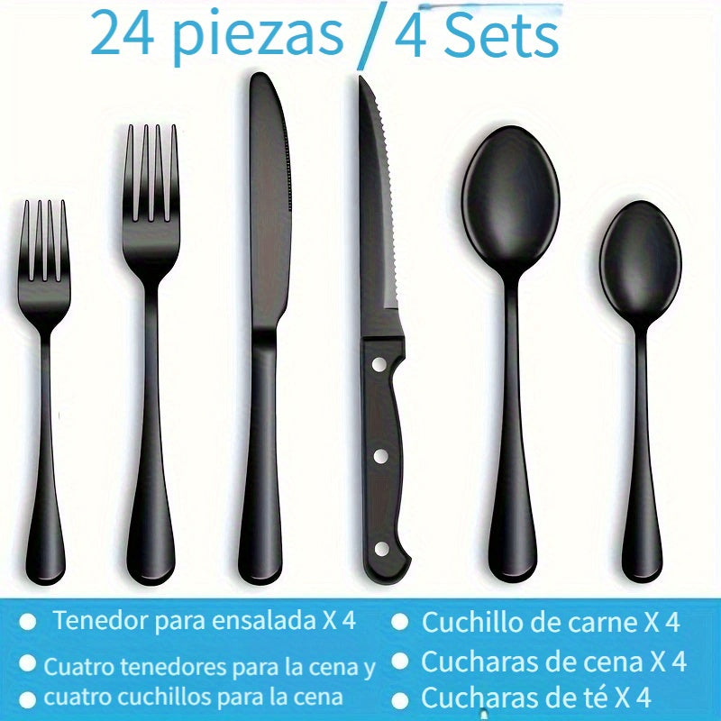 Juego de 24 piezas de cuchillería occidental de alta calidad de acero inoxidable, con cuchillo, tenedor y cuchara. Cuchillo de cuchillo de carne, cuchillo de bistec, cubertería negra. Cubertería de plata de acero inoxidable, cuchillo de postre, tenedor y