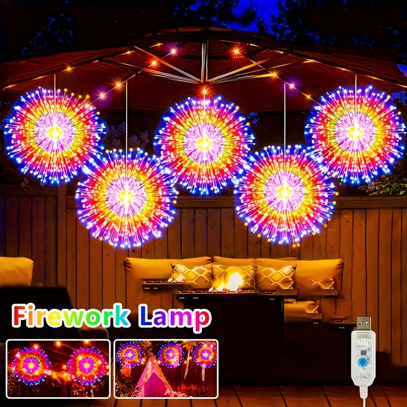 Luces LED de Fuegos Artificiales, 4 pzas Luces LED de Fuegos Artificiales Alimentadas por USB con Acabado Cepillado, 8 Modos de Iluminación, Montables en Pared, Luces de Hadas Colgantes de Plástico para Iluminación Decorativa Interior/Exterior