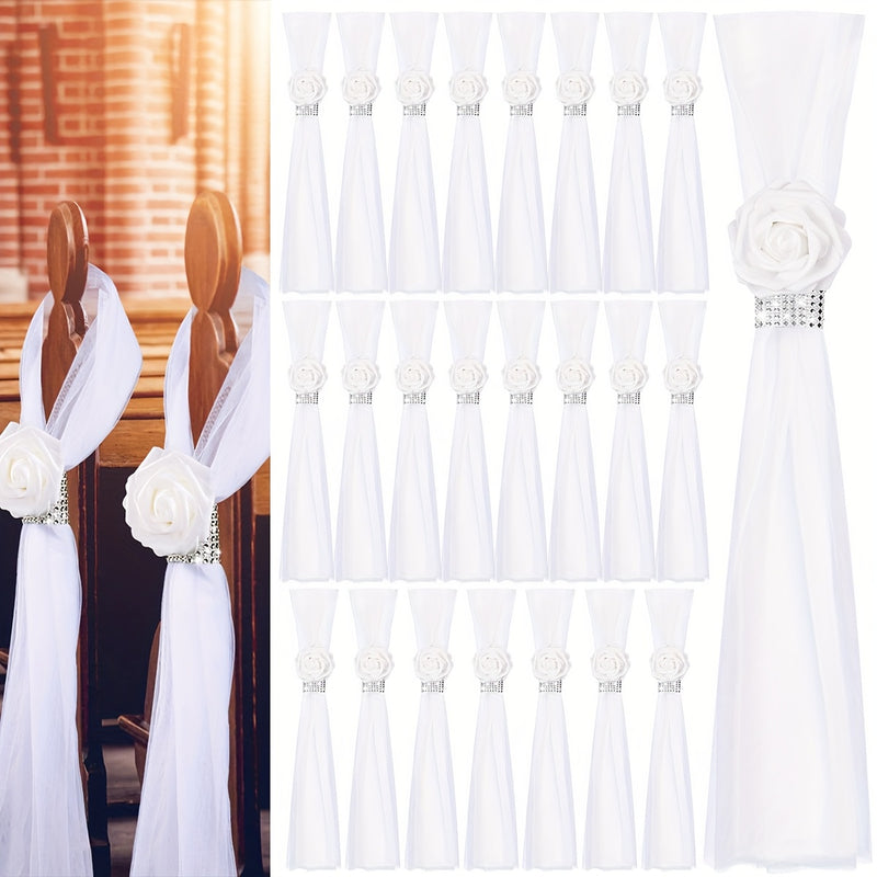 8 piezas de Decoraciones AITISOR para Pasillo y Sillas de Boda - Rosas Artificiales Blancas con Detalles de Estrás, Decoración Colgante de Tela para Iglesia, Hotel, Fiesta - Versátil para Bodas, Fiestas, Eventos de Primavera y Verano, Decoraciones Nupcia