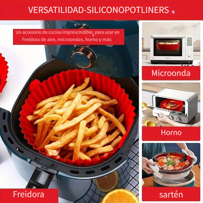 Una pieza de sartén de silicona para freidoras de aire, con un diseño plegable tridimensional. Esta bandeja redonda de silicona reutilizable de 8 pulgadas sirve como forro para hornear a alta temperatura.