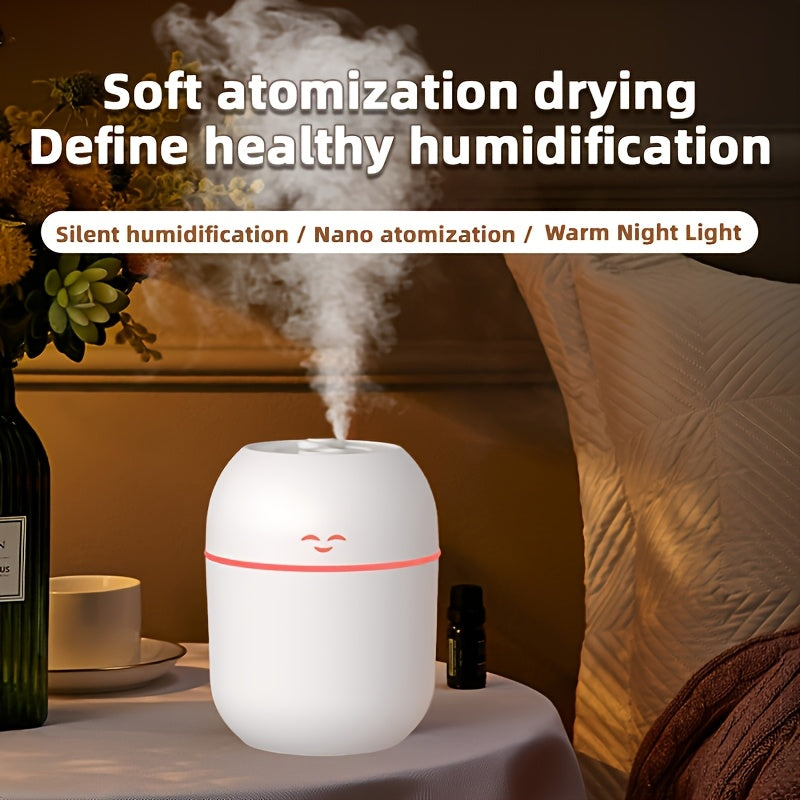 Humidificador de neblina ultrasonico de 220 ml con cara sonriente, blanco/pink, opera silenciosamente sin molestar el trabajo o el descanso, gran salida de neblina para ambientes secos, alimentado por enchufe sin baterías, compacto y ahorrador de espacio
