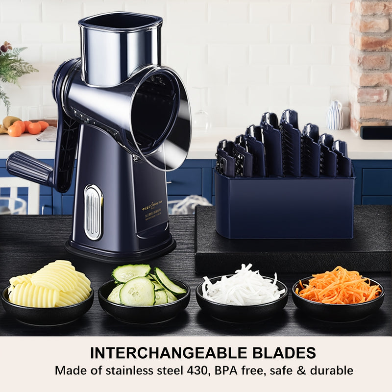 5 en 1, rallador de queso y cuchilla de verduras con mano de viento, cuchillas intercambiables de acero inoxidable, base de succión fuerte, fácil de limpiar, regalo ideal para la cocina, azul marino