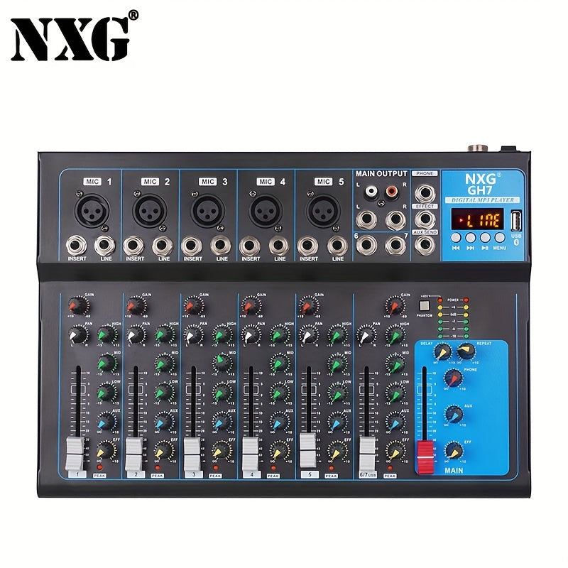 Consola de mezcla de DJ de 7 canales NXG con USB y conector MP3 - Consola de mezcla portátil de aleación con fuente de poder de 48V para grabación por computadora sin problemas y presentaciones en vivo - Enchufe EE. UU., modo de potencia de 110V-130V, no
