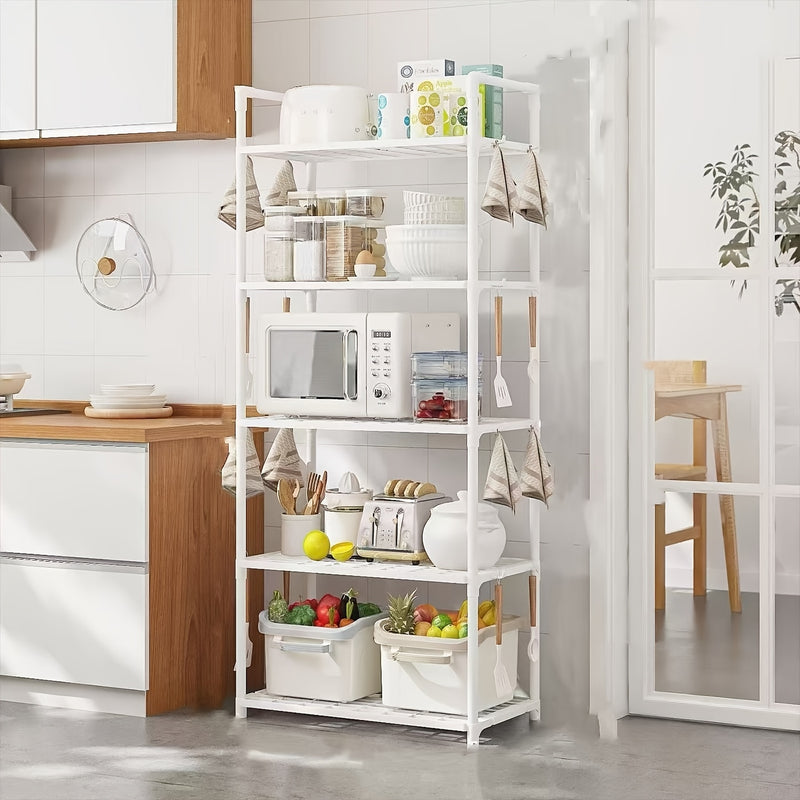 Estante de almacenamiento multiusos, organizador independiente de metal y plástico duradero, para cocina, baño y sala de estar, con microondas, libros y pequeños electrodomésticos.