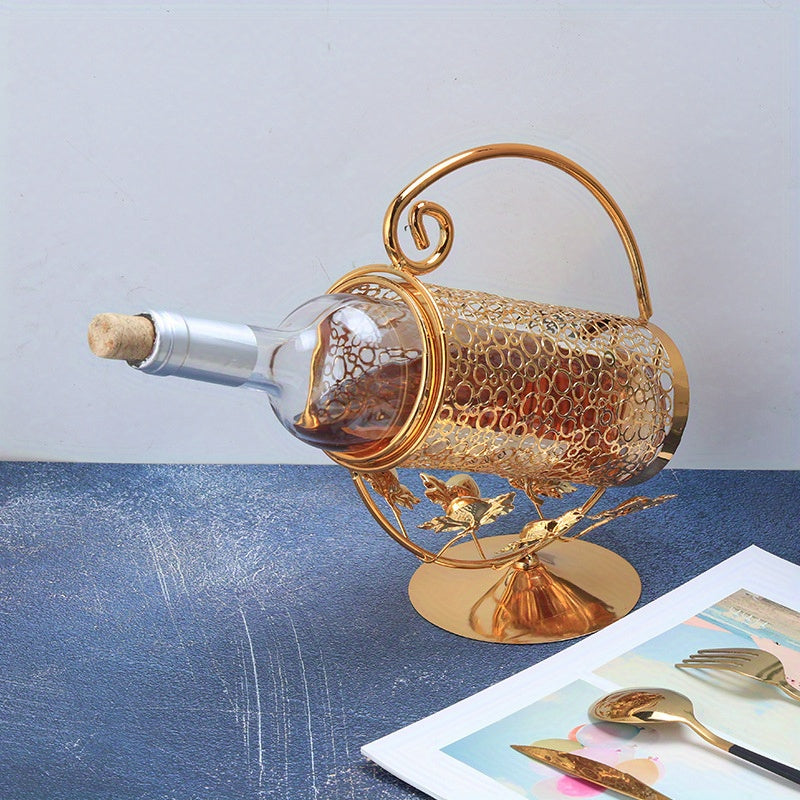 Soporte Elegante para Botella de Vino Individual - Metal con Patrones Intrincados de Hojas y Enredaderas, Acabado Dorado para Mesa en Sala de Estar, Cocina o Comedor - Portavinos Decorativo, Adorno para la Cocina
