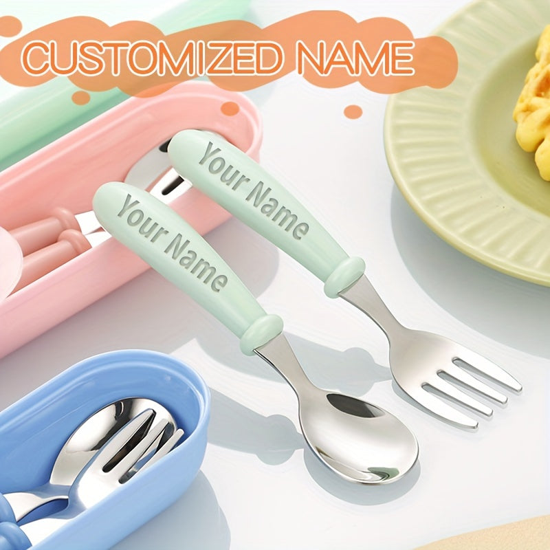 1PCS Vajilla Personalizada, Cuchara y Tenedor de Acero Inoxidable 304, Cuchillo y Tenedor Corto con Mango de Silicona para Aprendizaje de Alimentación Complementaria, Regalo de Apertura Escolar, Vajilla Portátil Personalizable