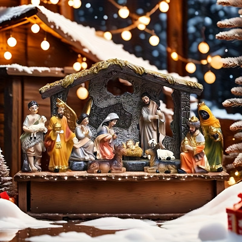Conjunto de 12 piezas de la escena de la Natividad, Figuras de resina de Navidad, Decoración artesanal, No necesita electricidad, con exhibición interior y exterior para hogar, oficina, sala de estar, dormitorio, decoraciones de vacaciones y cumpleaños