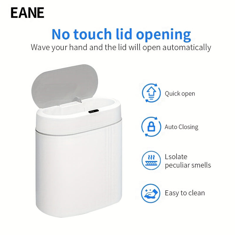 Basurero Inteligente EANE con Tapa - Sensor Sin Contacto, Funciona con Batería (36V), Diseño Moderno y Compacto para Cocina, Baño o Sala, Material PP Duradero, y Blanco, Eliminación de Residuos