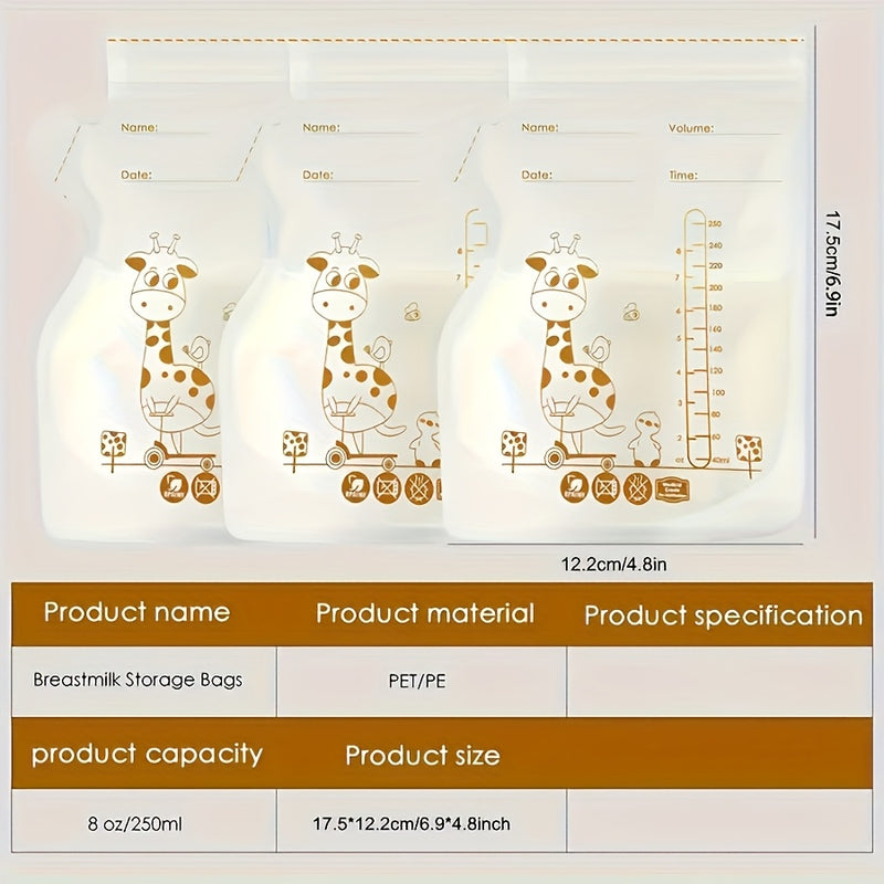 100 bolsas de almacenamiento de leche materna PP transparentes de 8 oz/250 ml, con pico vertedor, doble sellado, perfil plano y base autosoportable para refrigeración y congelación