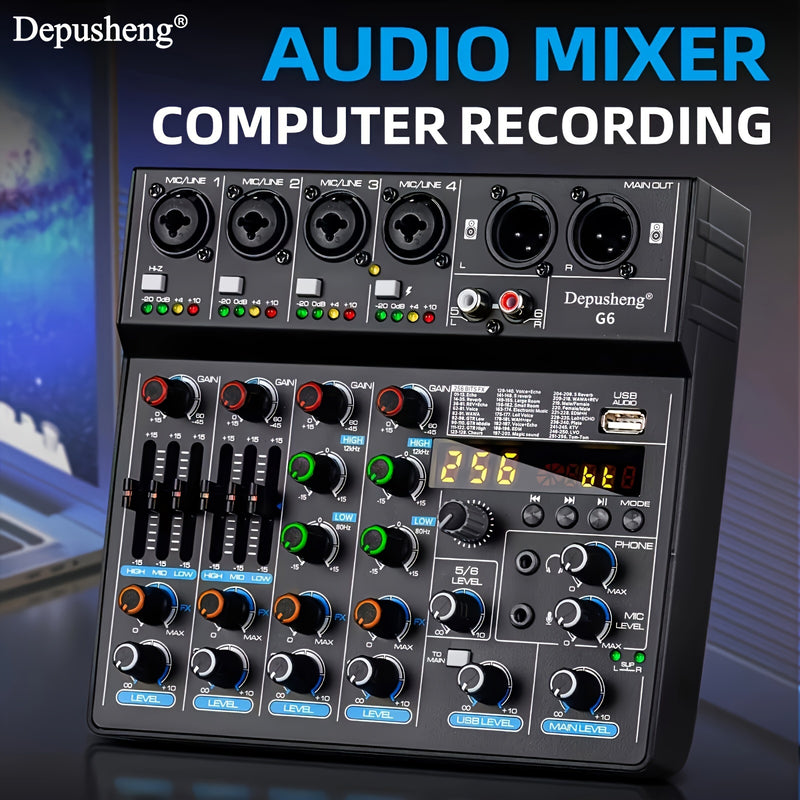 Consola de mezcla portátil G6 de DEPUSHENG, alimentada por USB, con 6 canales USB, controlador de sonido DJ con pantalla LCD, diseño compacto para grabación de PC, transmisión y uso en vivo, sistema de mezcla, apariencia simplificada, construcción de ale