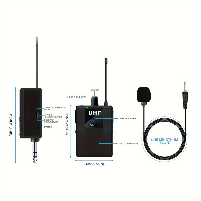 Micrófono inalámbrico profesional con collar de solapa, ajustable, recargable por USB, batería de litio de 800 mAh, conector de 6,35 mm para karaoke, canto, juegos, videoconferencias y transmisión en vivo.