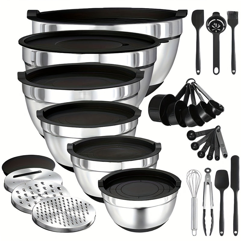 Juego de 22/32 tazones de acero inoxidable con tapa y rallador, anidables, antióxido, aptos para hornear, preparar, cocinar, mezclar ensaladas, servir alimentos, lavavajillas seguro, varios tamaños, ideal para Navidad, perfecto para Acción de Gracias