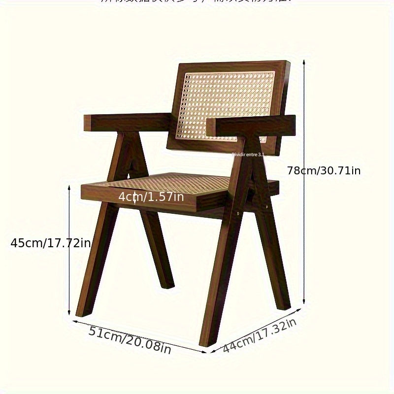 Silla de ratán de madera maciza resistente con brazos - Sillón estilo japonés para balcón, diseño tejido en negro y natural, cómoda para uso en casa o restaurante