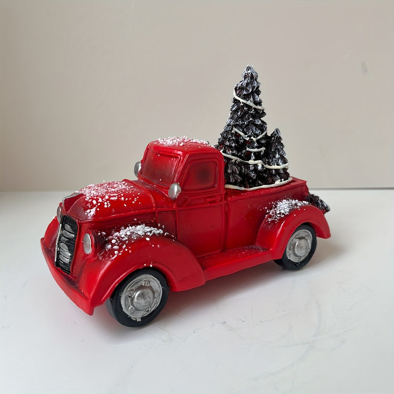 1pc Camión rojo navideño vintage con figurita de árbol - Decoración de mesa de resina coleccionable para el hogar y las fiestas, tema de moda, decoración versátil para habitaciones, regalo para amigos y familiares
