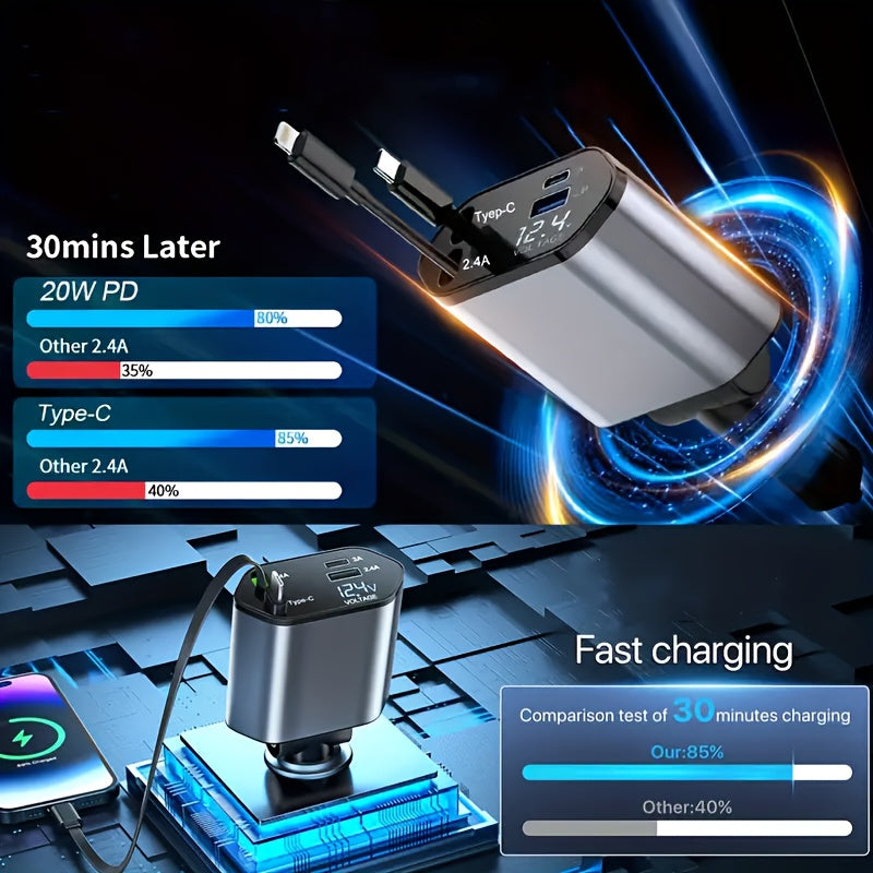 66W de Salida Máxima, Cargador Rápido para Auto con Cable Telescópico y 2 Puertos USB, Compatible con iPhone 15/15 Pro Max/14 Pro Max/13/12/11, Samsung, Xiaomi, Galaxy S23/22, Pixel