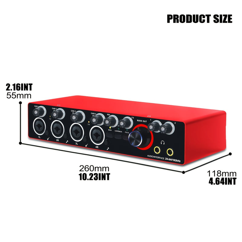 Conector de Audio de 4 Canales BOMGE para Grabación - 24bits/192kHz, USB y XLR, Mezclador de PC para Guitarra con 4 Conectores de Micrófono, Consola de Sonido Estudio para Cantantes, Rojo, Compatible con Portátiles