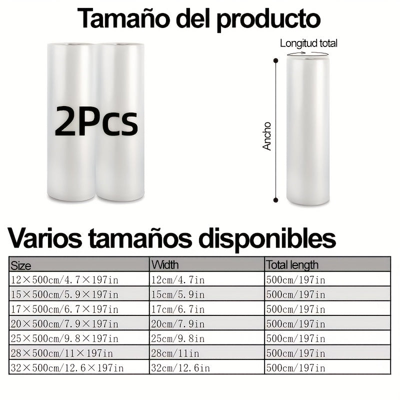 2 rollos de bolsas de sellado al vacío Agashe, 5 m de longitud, 7 tamaños disponibles, sin BPA, duraderas y resistentes al desgarro, para almacenamiento de alimentos y cocción a baja temperatura, artículos esenciales de cocina para el hogar