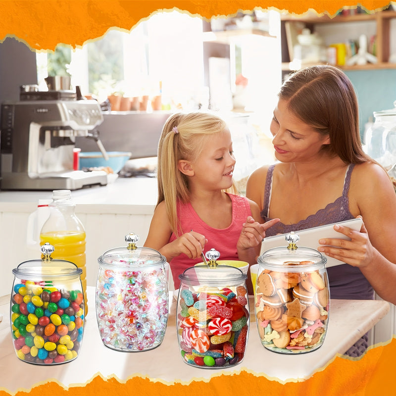 Juego de 4 Tarros para Dulces y Galletas con Tapas, Tarro Plástico Decorativo para Medicinas, Contenedor Auto-Servicio para Dulces, Tarro Sellado Transparente para Almacenamiento de Alimentos, Decoración del Hogar