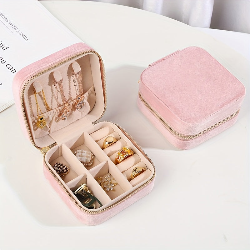 1pc Caja De Almacenamiento De Joyas Portátil Pequeña, Caja De Paquete, Caja De Joyería De Viaje De Terciopelo Para Anillos, Collares, Pulseras, Pendientes, Clips Para El Cabello, Etc. Estilo Elegante Y Exquisito