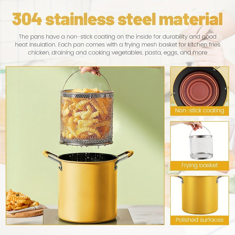 Freidora de Acero Inoxidable de Gran Capacidad con Colador de Malla, Tapa y Asas de Silicona - Antiadherente, Diseño Ahorrador de Aceite Perfecto para Papas Fritas, Pollo, Verduras, Huevos y Pasta, Utensilios de Cocina|Diseño de Doble Asa|Acabado Resiste