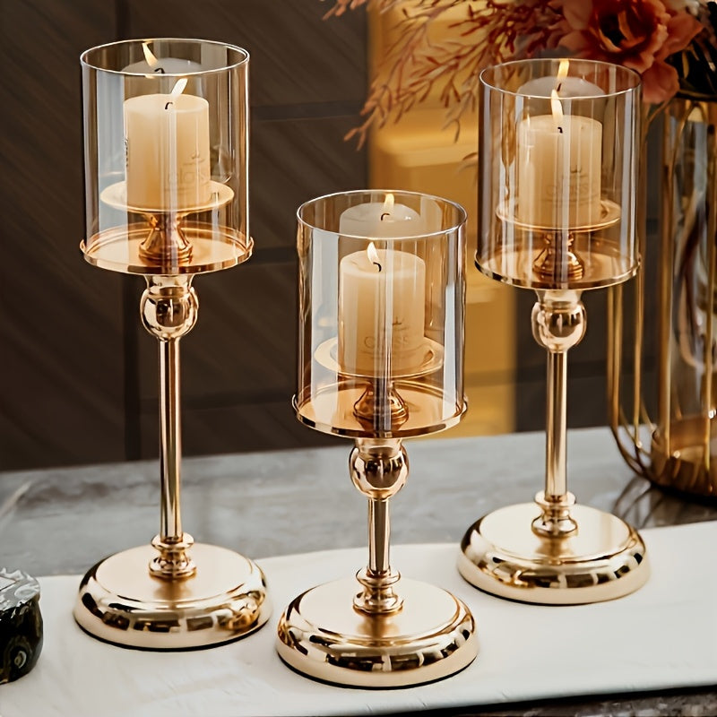 Juego de 3 Portavelas Elegantes de Vidrio y Metal Dorado - Acero Inoxidable, Cena Romántica y Diseño de Mesa para Decoración del Hogar