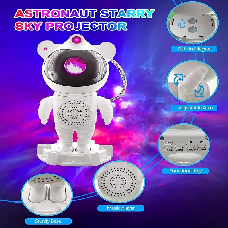 1pieza Proyector de luz de astronauta, alimentado por USB, proyector de escritorio de plástico independiente, iluminación LED de nebulosa, proyector de luz de astronauta estrellado, luz de noche de galaxia luna nebulosa, con control remoto y altavoz de m