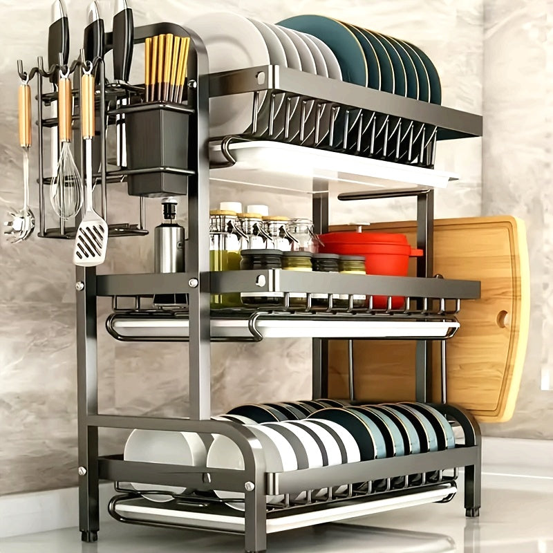 Estante de cocina de acero inoxidable de tres niveles con sistema de drenaje - Soporte de almacenamiento multifuncional para tazas y platos, diseño de gran capacidad que ahorra espacio adecuado para tazas, platos y tablas de cortar.