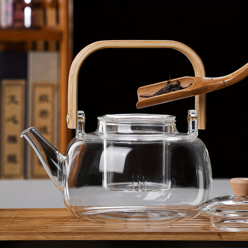 1pc Tetera de Vidrio Borosilicato Transparente de 1000ml con Infusor Extraíble - Apta para Cocina, Ideal para Té de Hojas y Té en Flor, Perfecta para Uso Doméstico o de Cocina, Diseño Transparente con Mango de Madera, Ideal para Regalos de Vacaciones, In