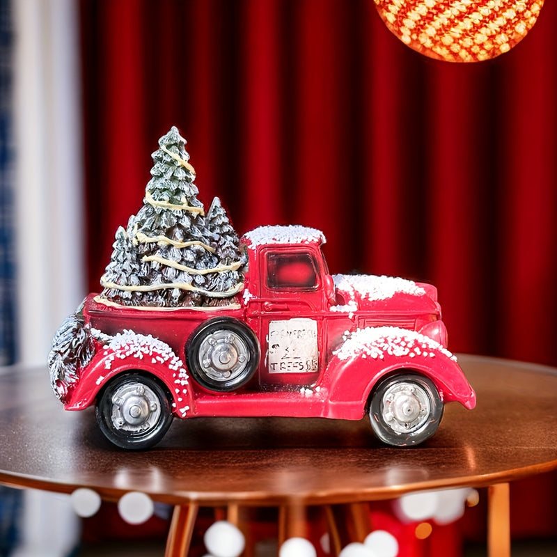 1pc Camión rojo navideño vintage con figurita de árbol - Decoración de mesa de resina coleccionable para el hogar y las fiestas, tema de moda, decoración versátil para habitaciones, regalo para amigos y familiares