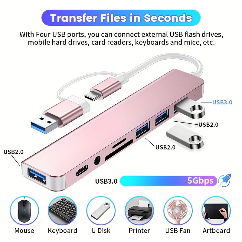 Puente USB multifuncional 8 en 1, puente USB para computadora, puente USB C, lector de tarjetas TF/SD, salida de audio de 3,5 mm, compatible con MacBook Pro/para for ipad Pro/HP Aluminio 4 puertos USB Transferencia de datos