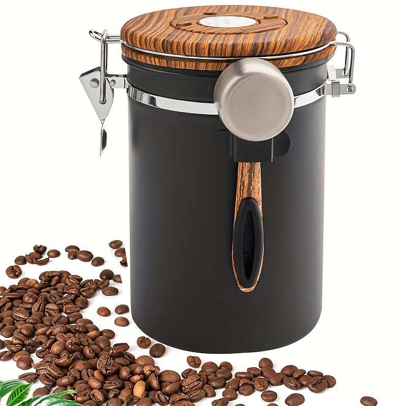 1.5L 304 Tanque Sellado de Acero Inoxidable para Café, Tanque de Almacenamiento de Granos de Café, Tanque de Almacenamiento Sellado con Cubierta de Grano de Madera y Cuchara, Contenedor de Café