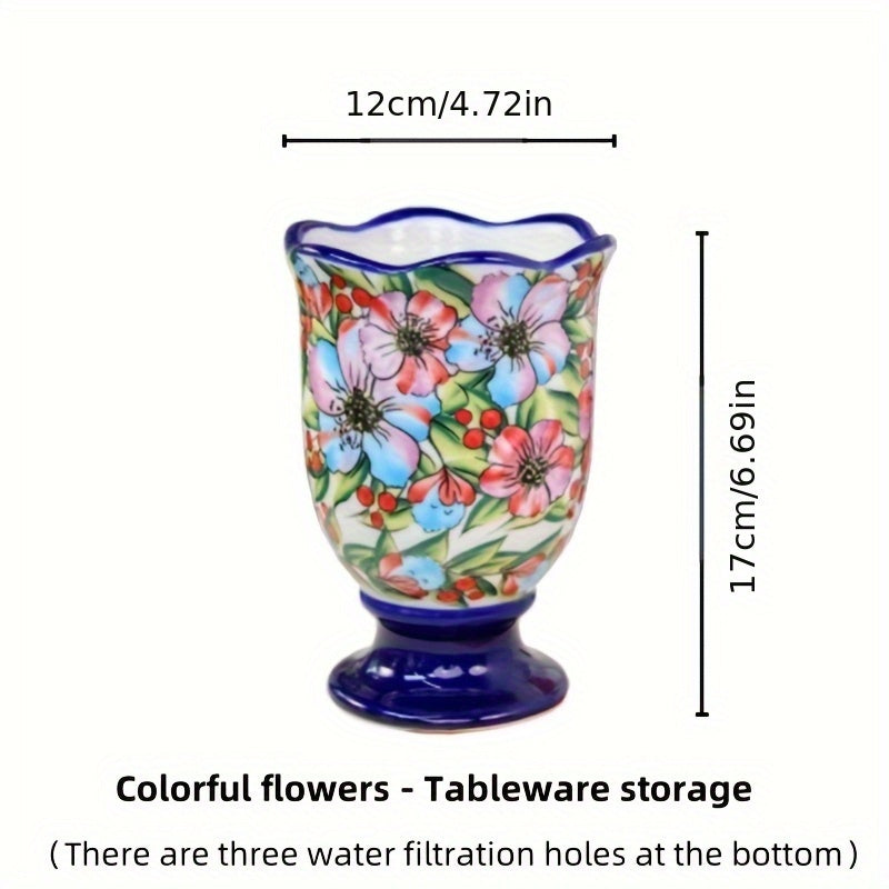 Organizador de Utensilios de Cocina Cerámico 1pc - Portapalillos Color Polaco, Diseño Floral Pintado a Mano - Contenedor Multifuncional Resistente al Óxido para Cubiertos, Cucharas, Palillos, etc. - Ahorra Espacio, Material Duradero