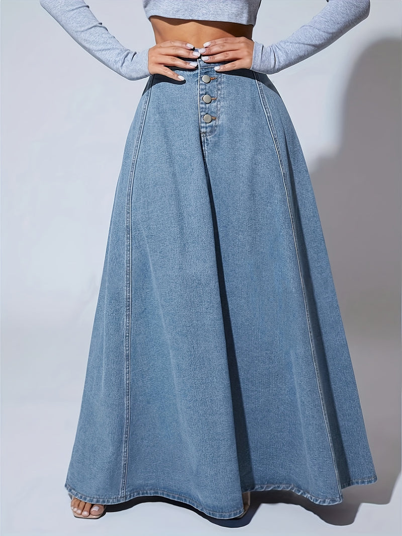 Falda larga acampanada de mezclilla de lavado claro liso, de un solo pecho, corte holgado, para mujer, jeans y ropa de mezclilla