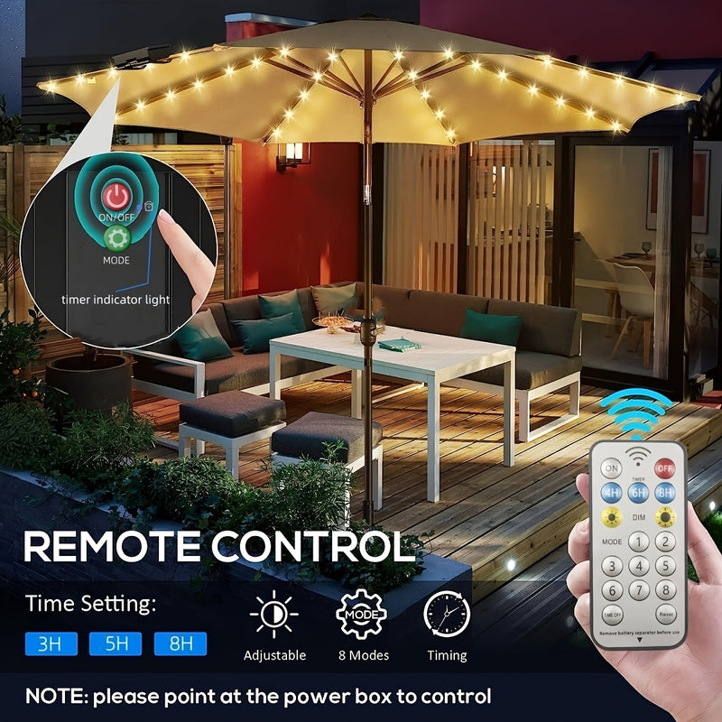 Luces Solares de Sombrilla TPGEBO con Control Remoto - 8 Modos de Brillo, Función de Temporizador, Pinza para Panel Solar para Patio, Playa, Jardín y Decoraciones de Fiesta (Incluye Pilas), Luces Solares Exteriores