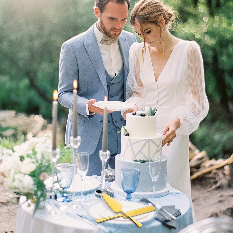 Juego de 2 cuchillos para pastel y pala para pizza de acero inoxidable dorado - Ideal para cumpleaños, bodas, fiestas y ocasiones especiales, perfecto para servir postres y pizzas, utensilios para ocasiones especiales | Vajilla elegante | Cubiertos durad