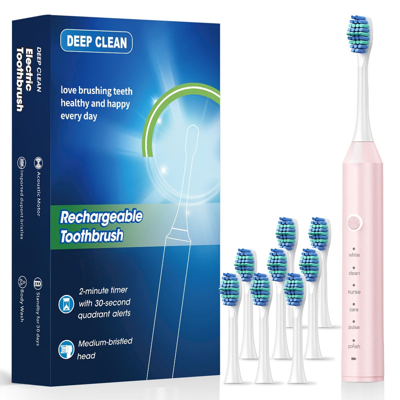 Cepillo eléctrico automático recargable para adultos, 6 modos de limpieza, batería de polímero de litio, carga USB, ≤36V, con cerdas suaves para limpieza profunda de dientes y hilo dental.