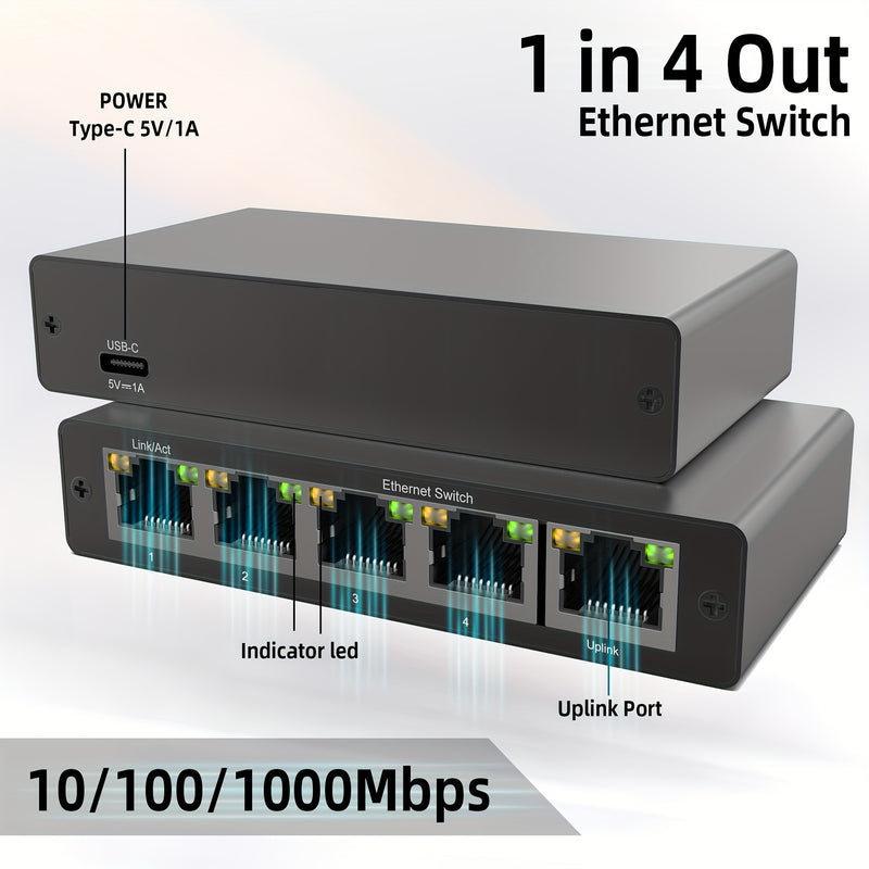 Conmutador de red gigabit de 4 puertos - Plug & Play, transmisión estable, carcasa metálica compacta, alimentado por USB con aplicación de hogar inteligente, negro para hogar y pequeñas empresas, conmutadores de red para hogar, conectividad de oficina, d