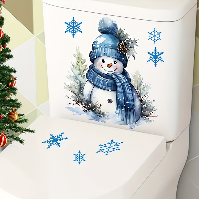 Conjunto de calcomanías de inodoro de Snowman de Navidad - Pégatina autoadhesiva de vinilo para baño con patrón de copo de nieve azul - Embellecimiento festivo reutilizable de tema Snowman para decoración de inodoro